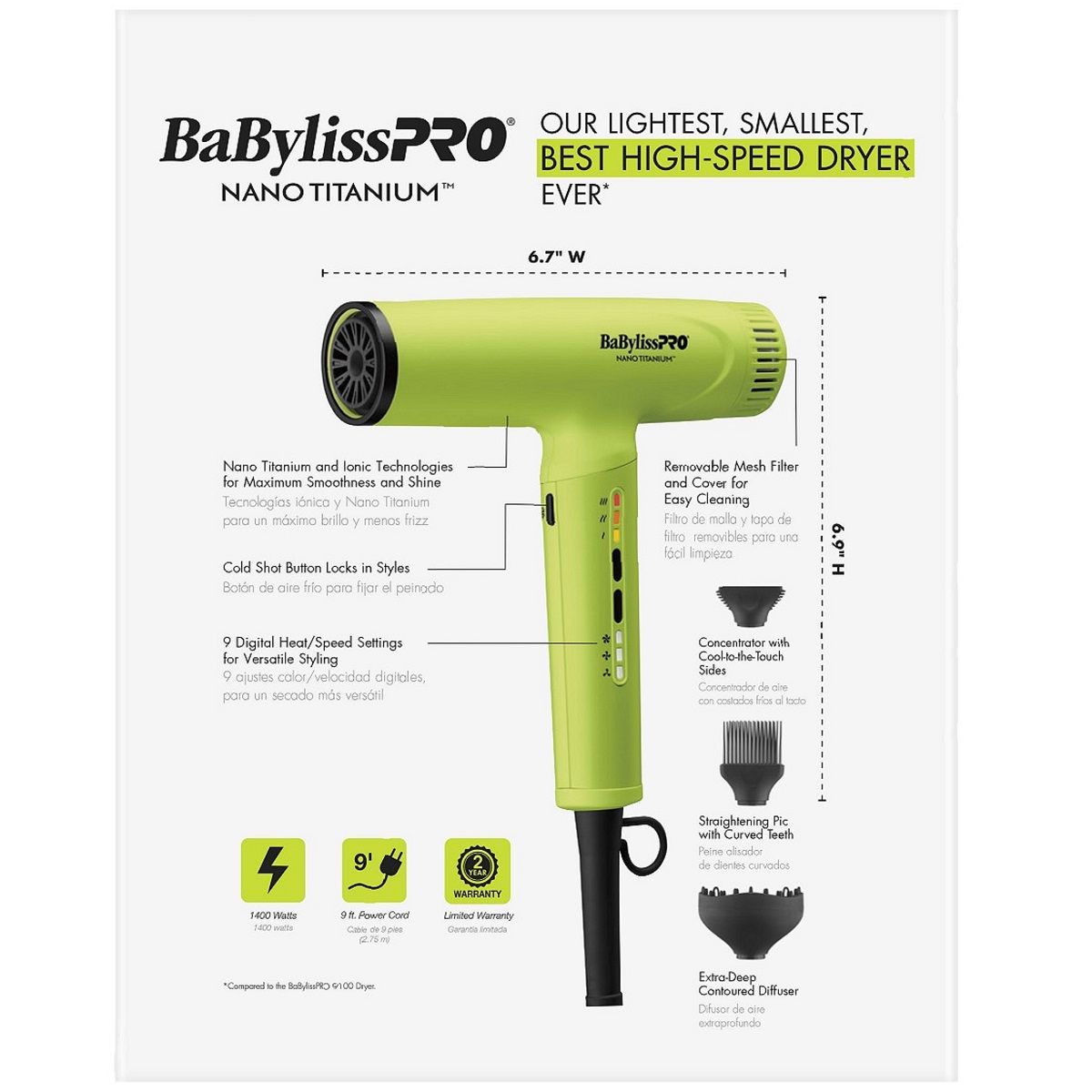 BaByliss Pro LIMITED EDITION Nano Titanium Professional Nano Light Ionic Dryer - Neon Yellow #BNTC9200NY