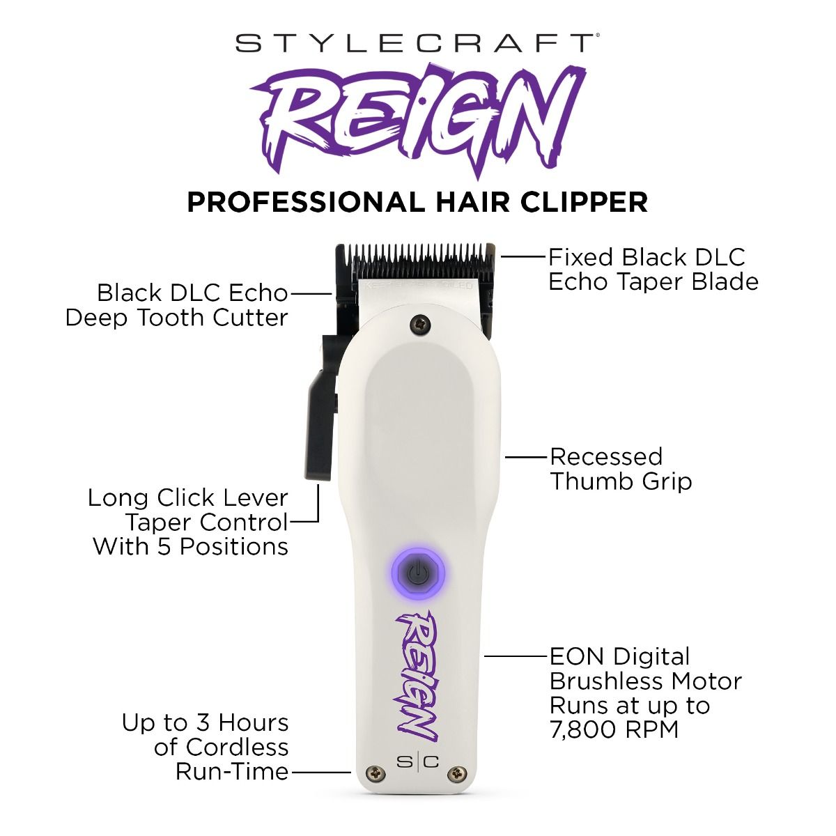 StyleCraft Reign Professional Hair Clipper with EON Digital Brushless Motor SC620W