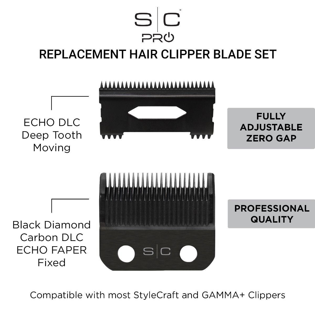 StyleCraft ECHO Fixed DLC Clipper Blade & DLC Deep Tooth Cutter Set #SC545BL