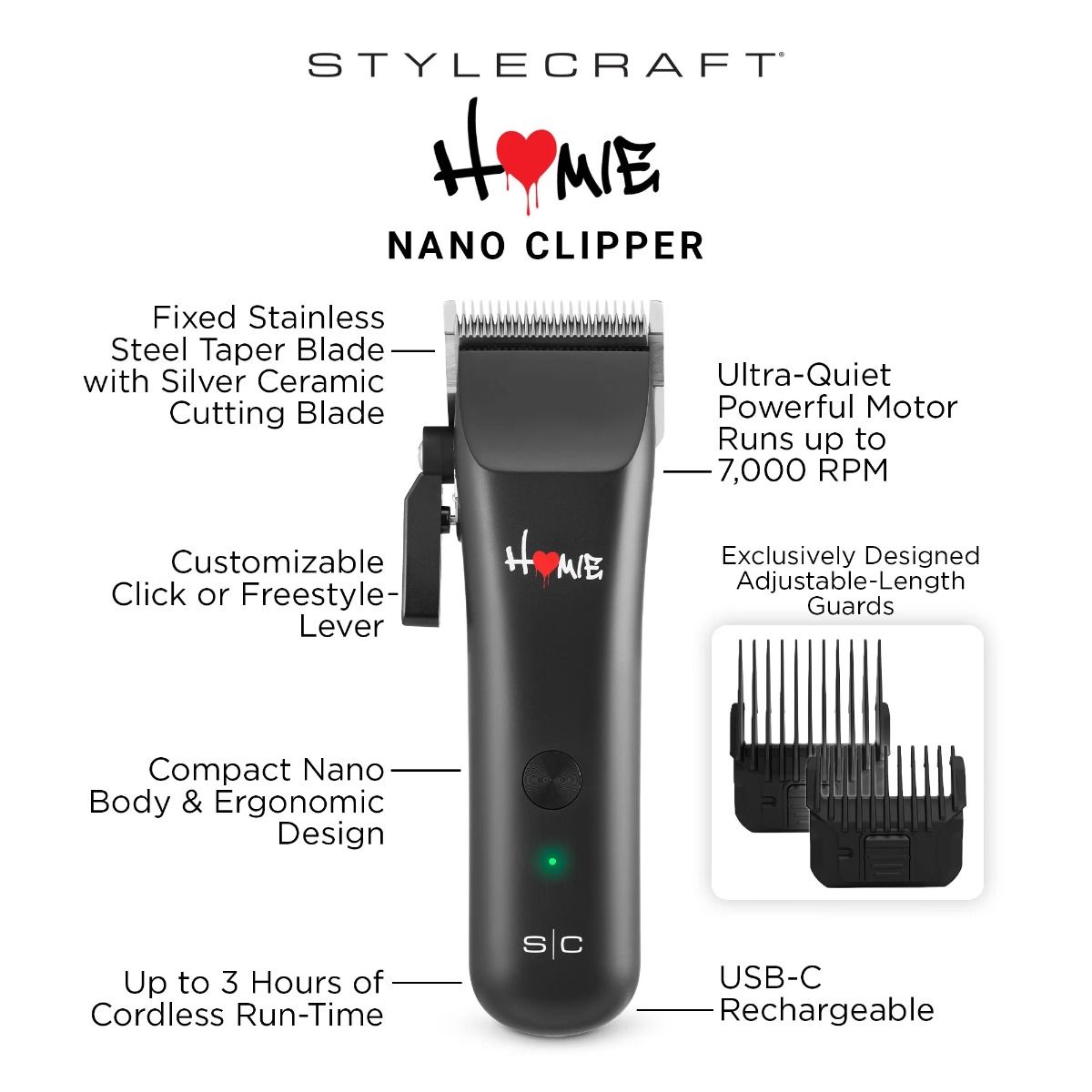 Stylecraft Pro Homie Nano Clipper USB-C Rechargeable #SC628B