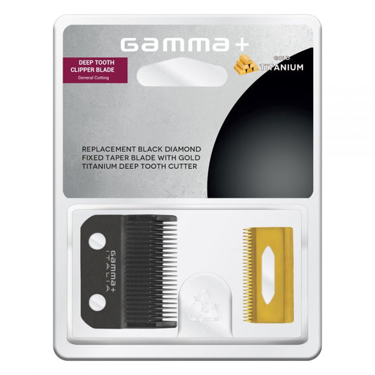 Gamma REPLACEMENT FIXED BLACK DIAMOND CARBON DLC TAPER HAIR CLIPPER BLADE WITH MOVING GOLD TITANIUM DEEP TOOTH CUTTER SET