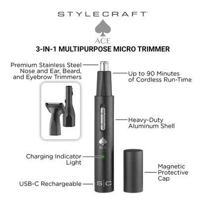 StyleCraft Ace 3-in-1 Rechargeable Multipurpose Hair Trimmer #SC420B