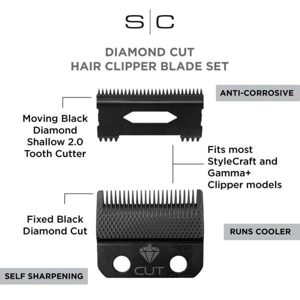 Stylecraft Replacement Diamond Cut Fixed Fade Hair Clipper Blade with Shallow Tooth 2.0 Moving Cutter Set #SC540B