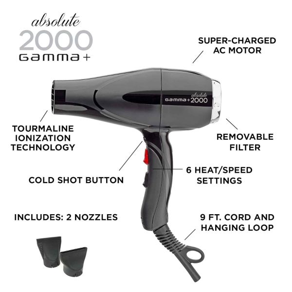 Gamma+ Absolute 2000 Professional Hairdryer - Black #GPA2000B