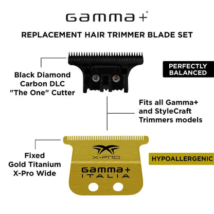 Gamma+ Replacement Fixed Gold Titanium X-Pro Wide Hair Trimmer Blade with DLC The One Cutter Set #GP527GB