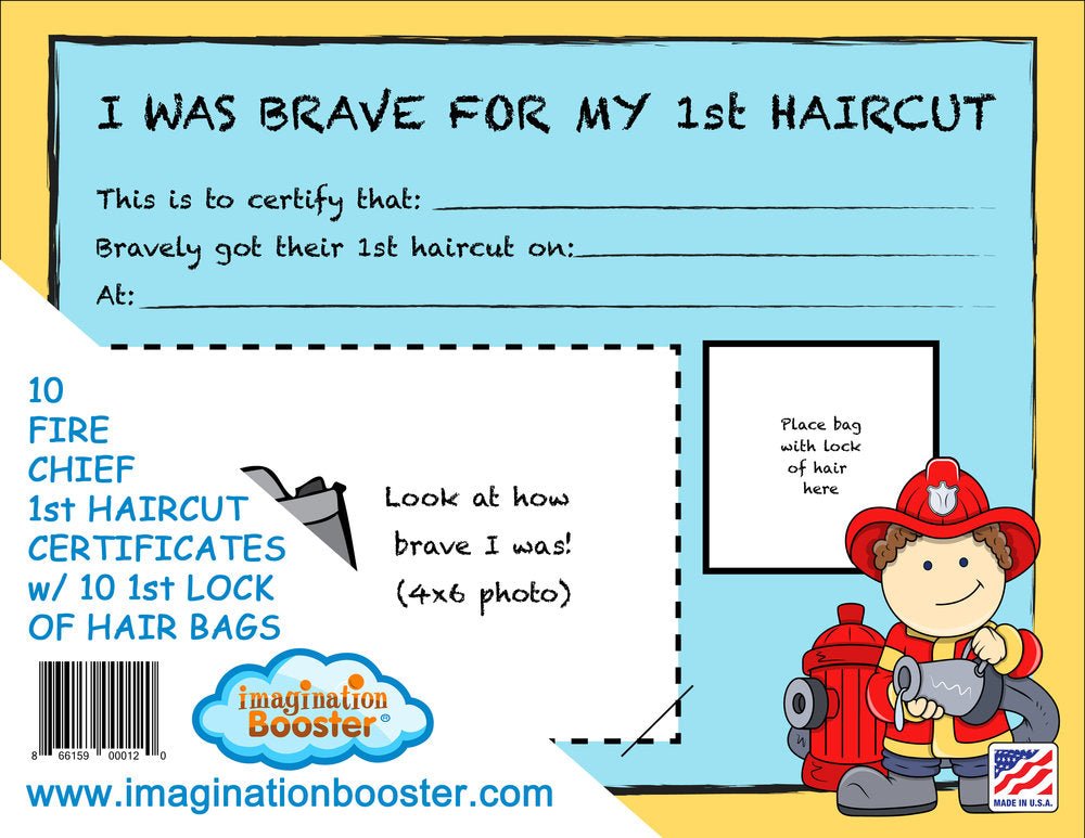FIRE CHIEF PACKAGE - BOOSTER SEAT, HAIR CAPE, STORYBOOK, FIRST HAIRCUT CERTIFICATES (10 PACK)