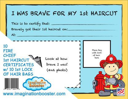 FIRE CHIEF PACKAGE - BOOSTER SEAT, HAIR CAPE, STORYBOOK, FIRST HAIRCUT CERTIFICATES (10 PACK)