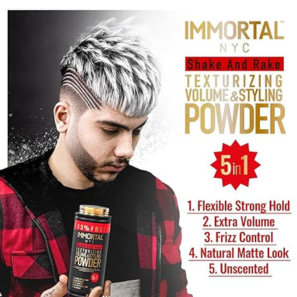 Immortal NYC 33% FREE 5-in-1 Shake and Rake Volume & Styling Powder - Flex Strong Hold - Mattifying All Natural Hair Powder for Men - No Residue, All Hair Types
