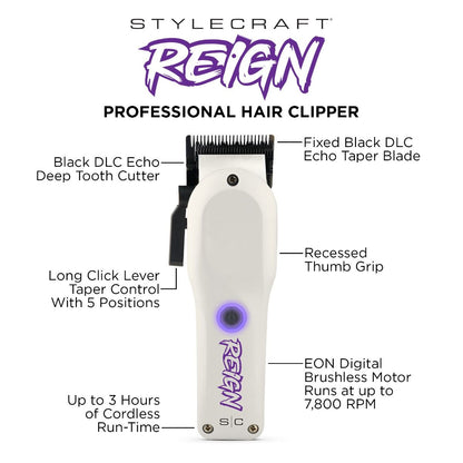 StyleCraft Reign Professional Hair Clipper with EON Digital Brushless Motor SC620W