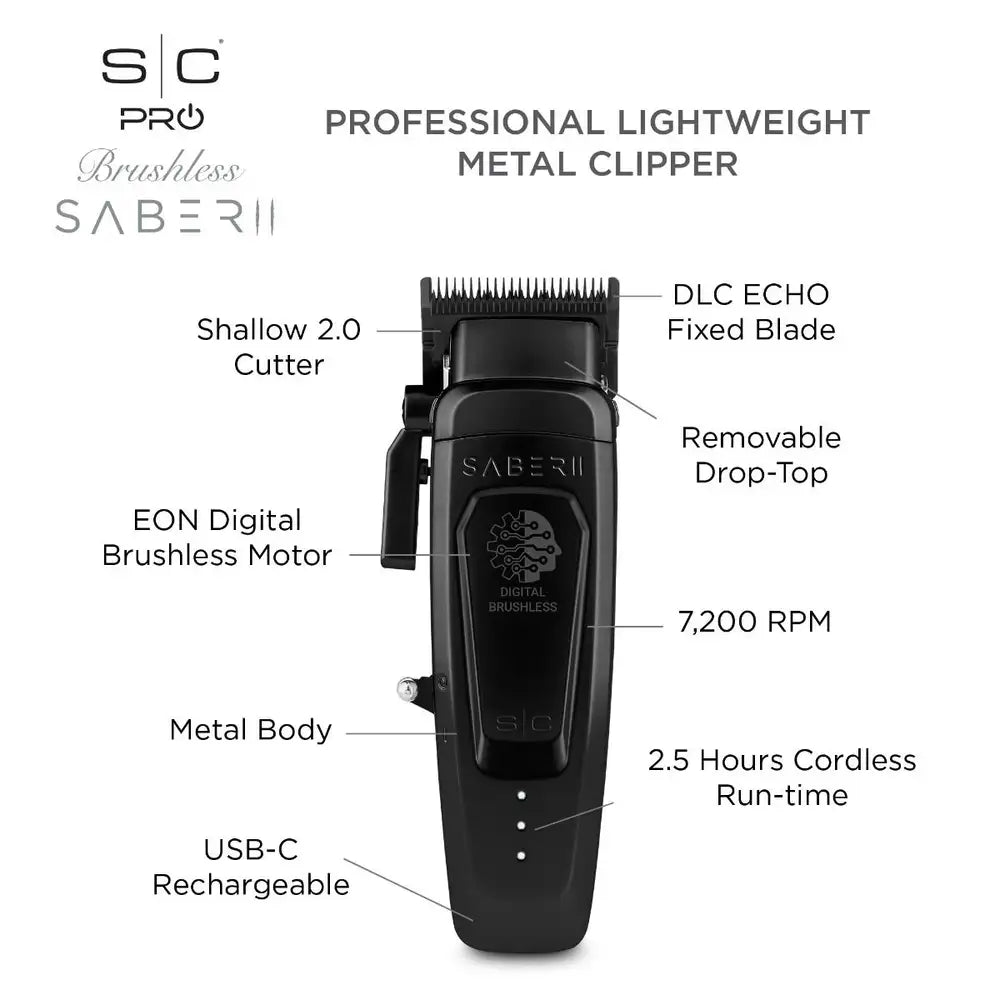 STYLECRAFT Saber 2 Clipper - Professional Cordless Modular Hair Clipper with High-Torque Digital Brushless Motor in Black #SC617B