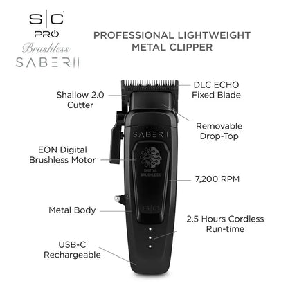 STYLECRAFT Saber 2 Clipper - Professional Cordless Modular Hair Clipper with High-Torque Digital Brushless Motor in Black #SC617B