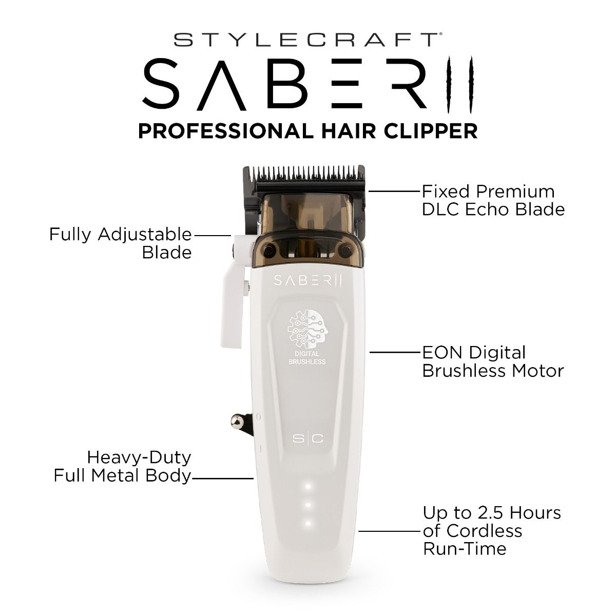 StyleCraft Saber 2 Professional Hair Clipper with EON Digital Brushless Motor SC619W