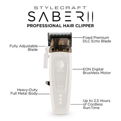 StyleCraft Saber 2 Professional Hair Clipper with EON Digital Brushless Motor SC619W