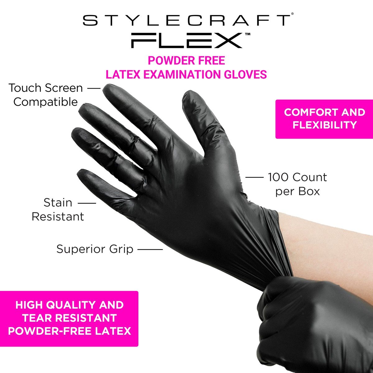 Stylecraft FLEX Powder Free Latex Examination Gloves Black-100ct