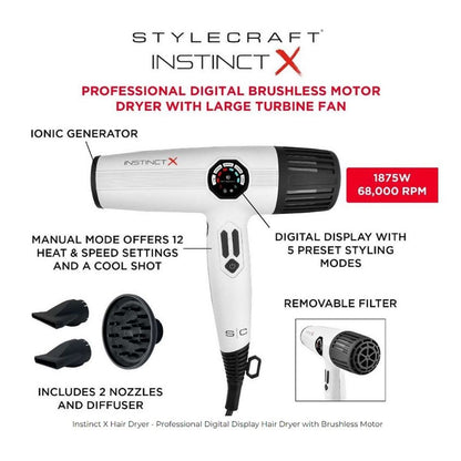 Stylecraft Instinct-X Professional Digital Brushless Motor Dryer with Large Turbine Fan #SC105B