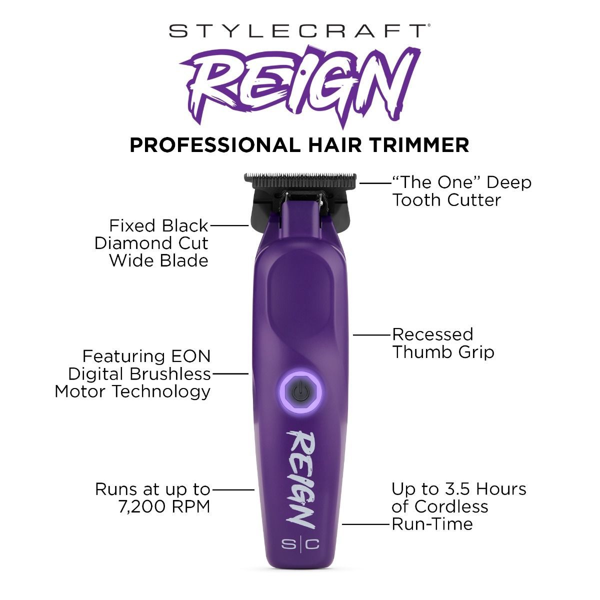 Stylecraft Pro REIGN Professional Hair Trimmer with Eon Digital Brushless Motor - Purple #SC422P