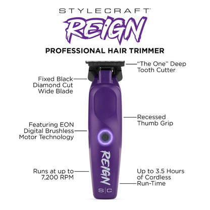 Stylecraft Pro REIGN Professional Hair Trimmer with Eon Digital Brushless Motor - Purple #SC422P