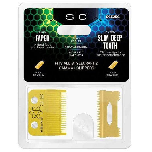 Stylecraft Replacement Fixed Gold Titanium Faper Hair Clipper Blade with Slim Deep Tooth Cutter Set #SC525G