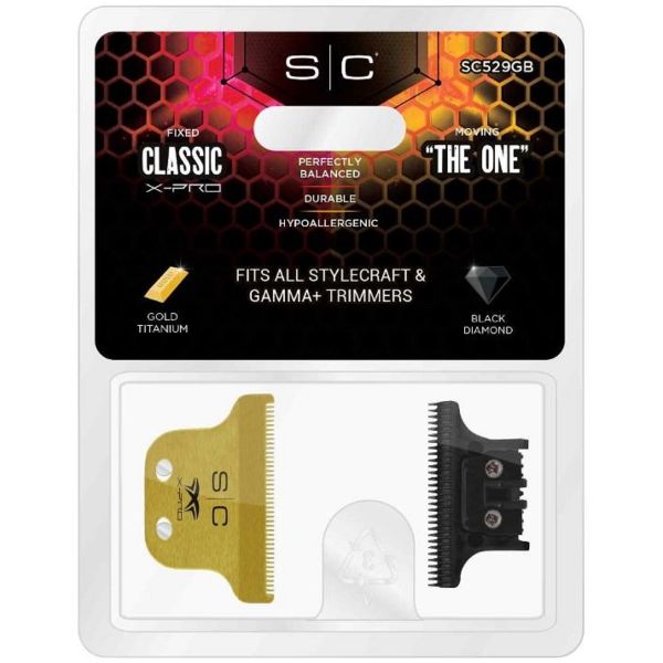 Stylecraft Replacement Fixed Gold Titanium Classic X-Pro Hair Trimmer Blade with Black Diamond Carbon DLC THE ONE Cutter Set #SC529GB