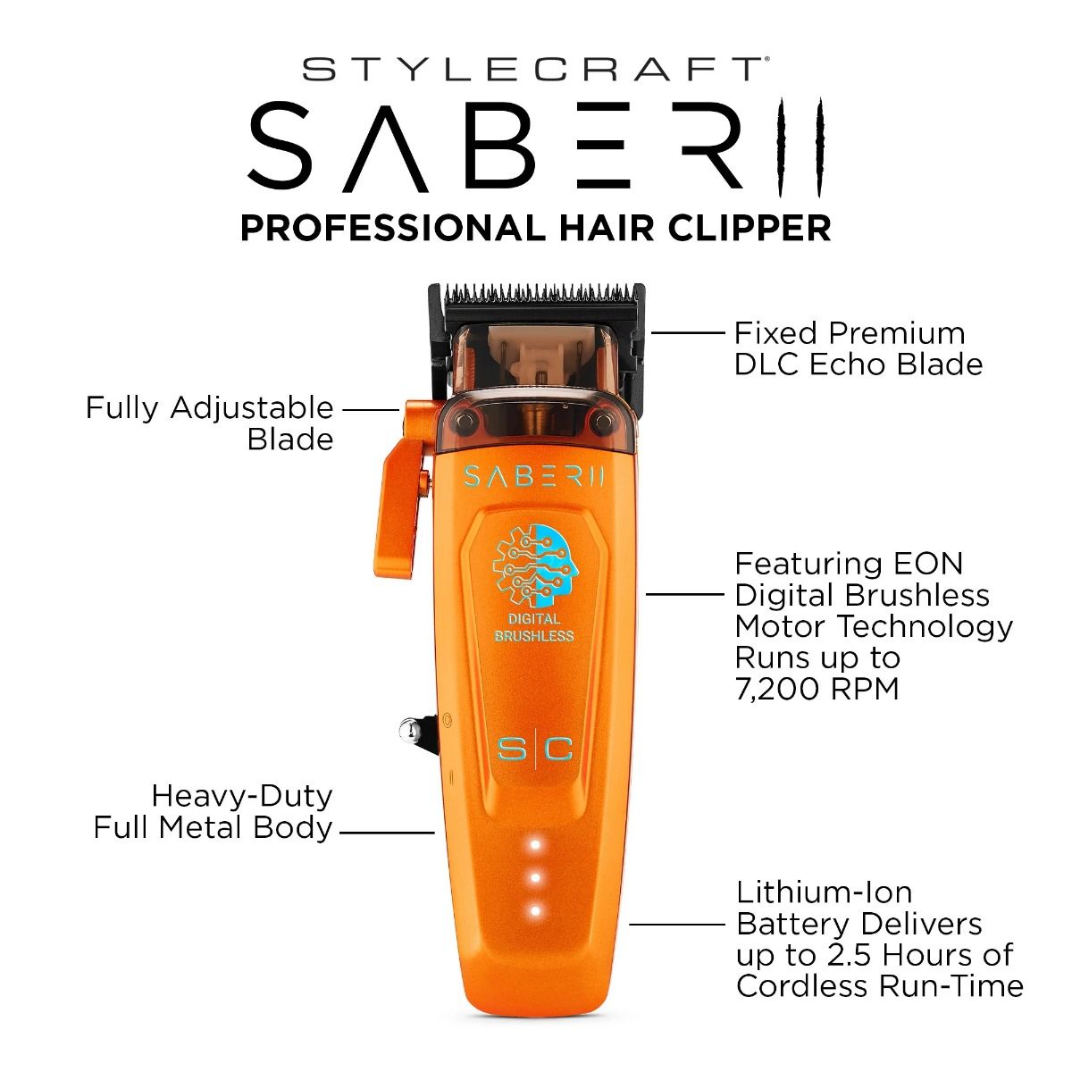 Stylecraft Pro SABER II Metal Clipper with Digital Brushless EON Motor - Orange #SC617O