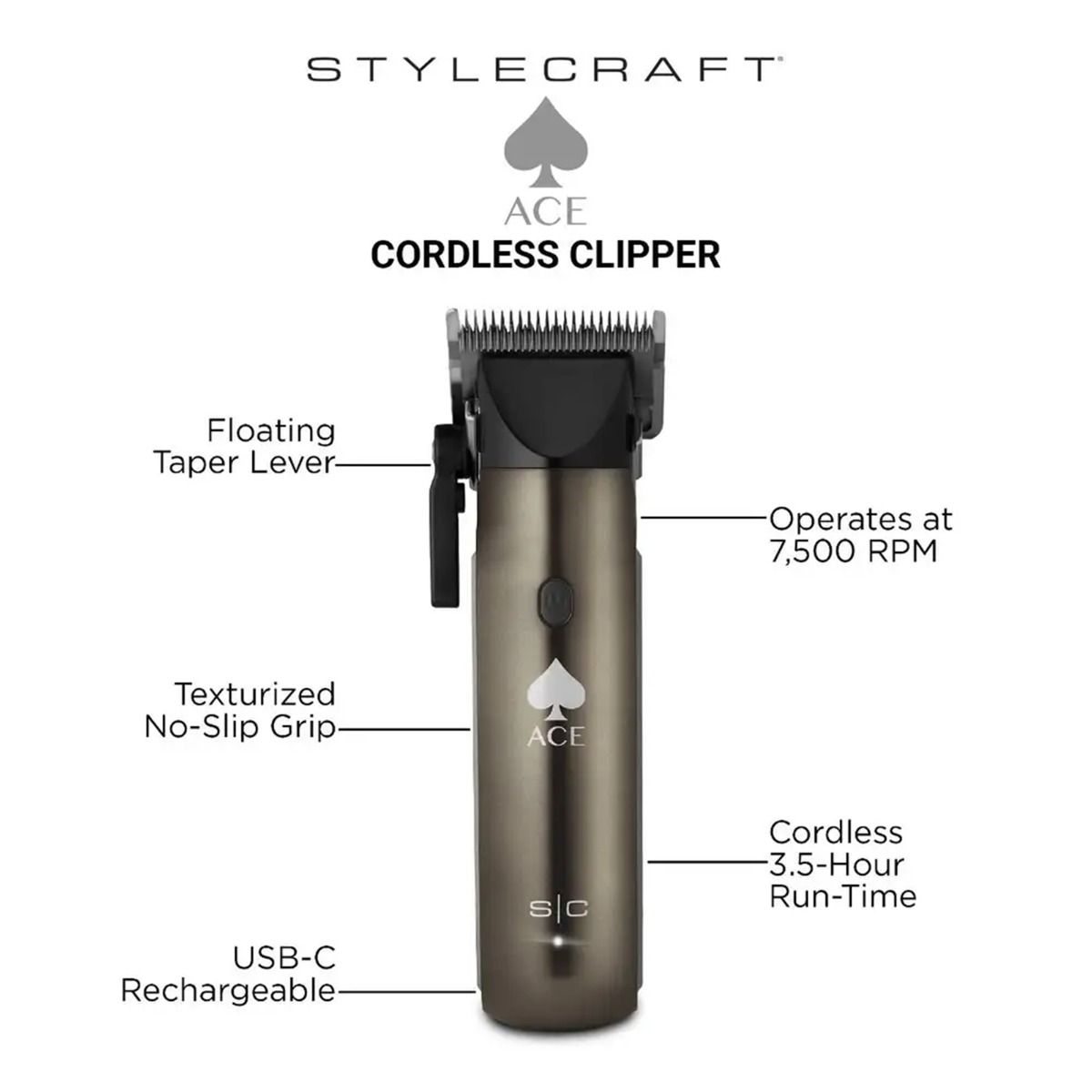 Stylecraft ACE Compact Cordless Clipper with UBS-C Rechargeable #SC618GY