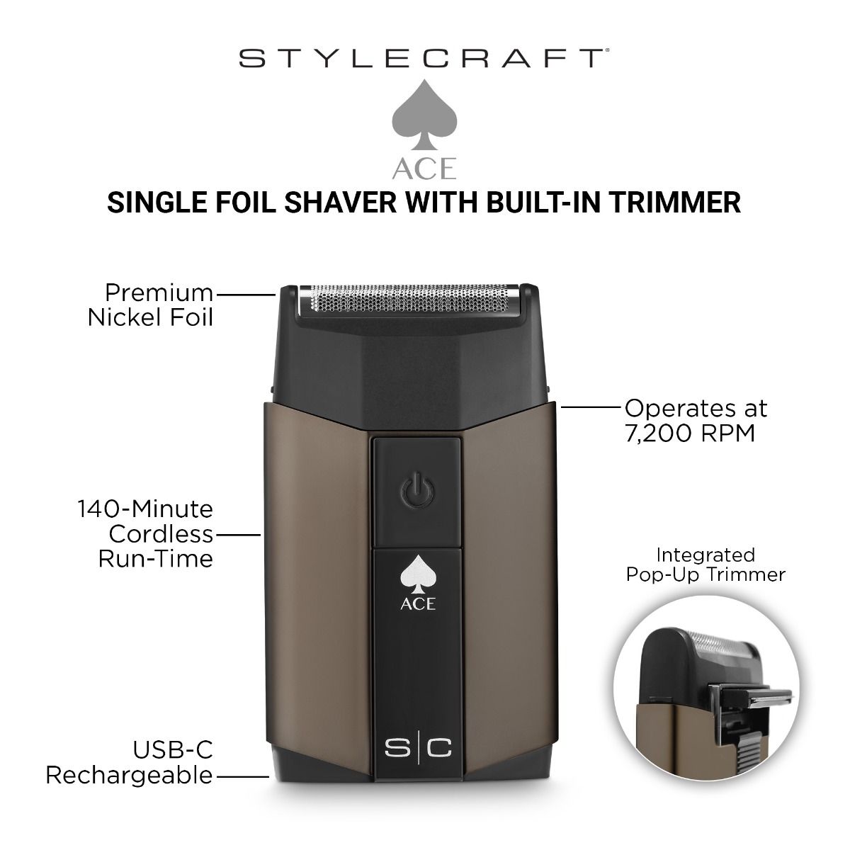 Stylecraft Ace Single Foil Shaver with Built-in Trimmer UBS-C Rechargeable #SC802N