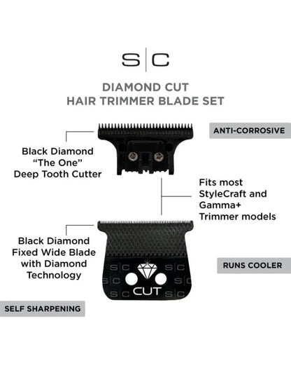 StyleCraft Diamond Cut Fixed Black Diamond DLC Hair Trimmer Blade with The One Cutter Set Replacement Blade #SC541B